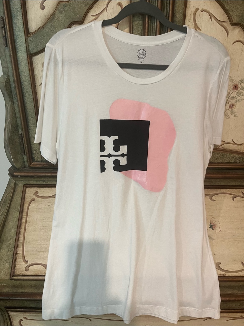 Tory Burch White Short Sleeve Tee with Black Logo and Pink Graphic